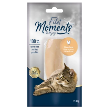 A cat lounging beside a package of chicken breast fillet snack, labeled "Filet Moments to enjoy," with text in multiple languages.
