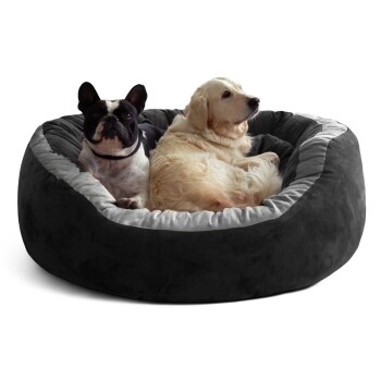 Zwei Hunde, ein schwarz-weißer Französischer Bulldog und ein Golden Retriever, liegen zusammen in einem großen grauen Haustierbett.