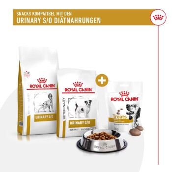 Royal Canin Urinary S/O Hundefutterbeutel für kleine Hunde, eine Futter-Schüssel und Leckereien, die die Kompatibilität mit der Harn-Diät hervorheben.