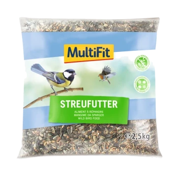 A bag of MultiFit wild bird food, labeled "Streufutter," featuring images of a great tit and a robin, with a weight of 2.5 kg.