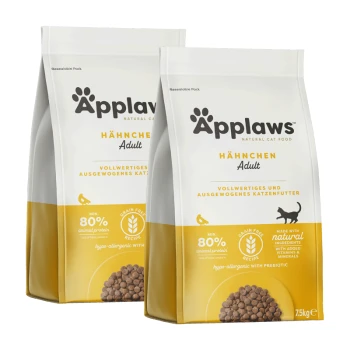 Deux sacs de nourriture naturelle pour chat Äpplaws, étiquetés "Hähnchen Adult", présentant une recette sans céréales avec 80 % de protéines animales.
