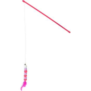 Baguette teaser rose pour chat avec ficelle pendante, clochette, perles pompon pastel empilées et plume rose.