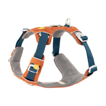Verstellbares, gepolstertes orange-graues Hundegeschirr mit türkisfarbenen Riemen, weißen Schnallen und gelbem Pfotenlogo.