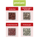 Vier proCani-Hundefutterpakete mit den Aufschriften "Rind Vital", "Rind-Pansen-Mix", "Blütenmagen/Pansen-grün" und "Pansen grün."