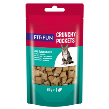 Eine Tüte FIT+FUN Crunchy Pockets Katzenleckerlis, mit einer getigerten Katze auf der Vorderseite, beschriftet mit "mit Katzenminze" und wiegt 65 g.