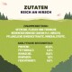 Zutatenliste für Haustierfutter, die 14% Rehanteil und eine Nährwertanalyse zeigt: Protein 22,2%, Fett 4,5%, Asche 10%, Ballaststoffe 1,0%, Feuchtigkeit 9,0%.