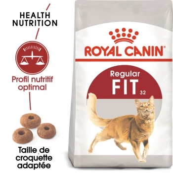 Fit 32 Croquettes Chat 400 g Sac de nourriture pour chat Royal Canin Regular Fit présentant un chat orange actif, avec un texte mettant en avant "Health Nutrition" et "Optimal Nutritional Profile."