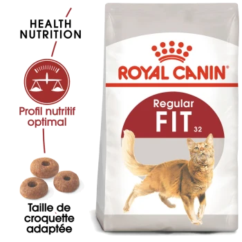 Sac de nourriture pour chat Royal Canin Regular Fit présentant un chat orange actif, avec un texte mettant en avant "Health Nutrition" et "Optimal Nutritional Profile."