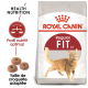 Sac de nourriture pour chat Royal Canin Regular Fit présentant un chat orange actif, avec un texte mettant en avant "Health Nutrition" et "Optimal Nutritional Profile."