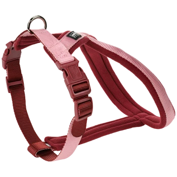 Harnais rembourré rose et bordeaux pour chien avec sangles réglables et anneau en D métallique, étiqueté « Hurtta ».