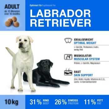 Hundefutterverpackung mit Aufdruck 'LABRADOR RETRIEVER', gelbe und schwarze Labradors, ADULT (über 15 Monate), 10 kg, 31% Rind, 26% Protein.