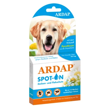 Verpackung für ARDAP Spot-On Floh- und Zeckenschutz für Hunde über 25 kg, mit Pyrethrum. Enthält 3 Tuben, hält bis zu 12 Wochen.