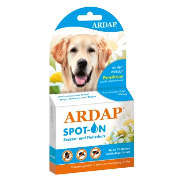 Verpackung für ARDAP Spot-On Floh- und Zeckenschutz für Hunde über 25 kg, mit Pyrethrum. Enthält 3 Tuben, hält bis zu 12 Wochen.