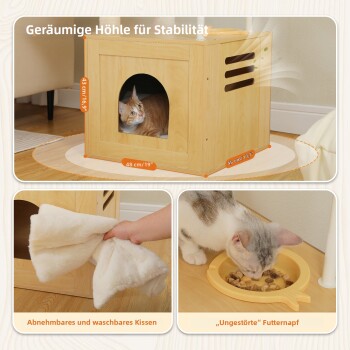 Zwei Katzen ruhen auf einem großen oberen Sitzplatz (44x30 cm) und einer Hängematte (35 cm) eines Kratzbaums mit Plüschoberflächen.
