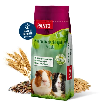 PANTO-Futtertüte für Zwerghasen und Meerschweinchen, mit einem schwarzen Hasen und einem Meerschweinchen, mit Text über Ernährung und hergestellt in Hamburg.