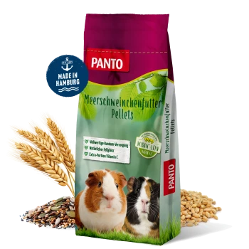 PANTO-Futtertüte für Zwerghasen und Meerschweinchen, mit einem schwarzen Hasen und einem Meerschweinchen, mit Text über Ernährung und hergestellt in Hamburg.