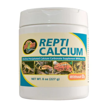 Behälter von Repti Calcium, einem ultrafeinen Calciumcarbonat-Ergänzungsmittel für Reptilien, 8 oz, beschriftet "Ohne D3."