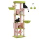 Ein bunter Kratzbaum mit fünf Katzen: zwei schwarze, eine orange, eine graue und eine weiße, plus grüne und rosa Plattformen und hängende Spielzeuge.