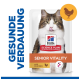 Hill's Science Plan Senior Vitality Katzenfutterbeutel mit einer Katze, die sich die Lippen leckt, beschriftet mit "Gesunde Verdauung" und "mit Huhn."