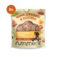 Packung mit Haustierfutter, das Huhn, Chicorée und Zucchini enthält, mit dem Etikett "Nutriment", mit einem Hundebild und "8x" in der Ecke.