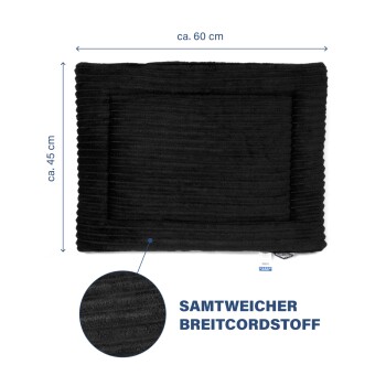Schwarzes Hundebett mit gerippter Textur, misst ungefähr 60 cm mal 45 cm, beschriftet mit 'SAMTWEICHER BREITCORDSTOFF.'