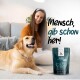 Ein glücklicher Golden Retriever sitzt neben einer Frau auf einer Couch und schaut auf eine Tüte "Joint Complex PRO" mit verspieltem Text.