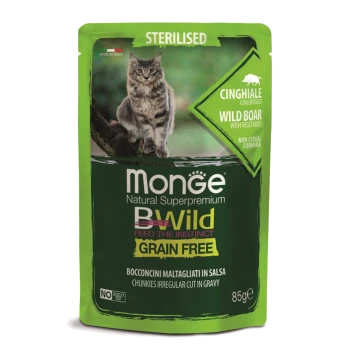 Beutel mit Monge BWild Katzenfutter für sterilisierten Katzen, mit Wildschwein und Gemüse, getreidefrei, 85g, mit einem Katzenbild auf der Vorderseite.