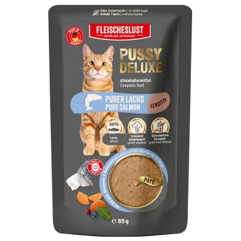 Fleischeslust Pussy Deluxe Katzenfutter-Beutel mit Bild einer orangegetigerten Katze, 'Purer Lachs / Pure Salmon', 'Sensitiv', Pastete 85 g