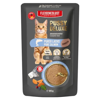 Fleischeslust Pussy Deluxe Katzenfutter-Beutel mit Bild einer orangegetigerten Katze, 'Purer Lachs / Pure Salmon', 'Sensitiv', Pastete 85 g