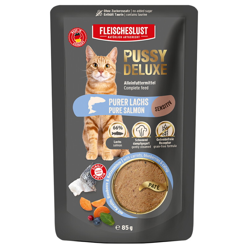 Pussy Deluxe Sensitiv Purer Lachs Alleinfutter Pouch Katze 10x85g
