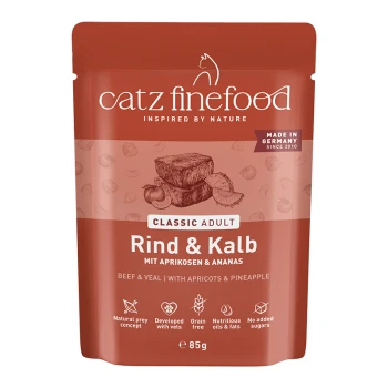 Czerwona saszetka catz finefood Classic Adult Rind & Kalb (wołowina i cielęcina) z morelami i ananasem, 85 g