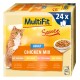 Eine Box mit MultiFit Sauce Katzenfutter mit einer verspielten orangefarbenen Tabby, die "Adult Chicken Mix" mit Huhn, Truthahn und Leber zeigt. 24 x 100g.