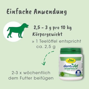 Hundegesundheitszusatzmittel-Glas mit der Aufschrift "cdVet dentavVet Atemfrisch Fresh Breath", mit Anwendungshinweisen und Dosierungsdetails auf Deutsch.