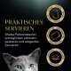 Bild zur Werbung von Sheba-Hundefutter mit dem Gesicht einer grauen Katze, das Text über praktische Portionierung und Symbole zum Öffnen, Servieren und Drucken von Portionen zeigt.