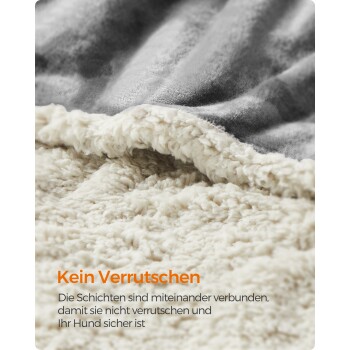 Nahaufnahme einer cremefarbenen und grauen Tierdecke mit dem Text "Kein Verrutschen", der rutschfeste Schichten für die Sicherheit des Hundes hervorhebt.