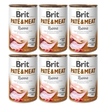Sechs Dosen Brit Pâté & Fleisch für Katzen, gekennzeichnet mit "Kaninchen", mit ganzen Stücken von Organen und Fleisch, mit Symbolen für "Getreidefrei" und "Soja- & GMO-frei".