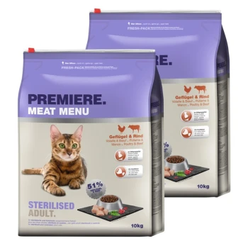 Tüten mit "Premiere Meat Menu" Katzenfutter (10kg) mit einer getigerten Katze, beschriftet mit "Sterilised Adult" und "Geflügel & Rind".