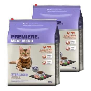 Tüten mit "Premiere Meat Menu" Katzenfutter (10kg) mit einer getigerten Katze, beschriftet mit "Sterilised Adult" und "Geflügel & Rind".