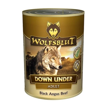 Adult Down Under - Black Angus Beef mit Kartoffeln - 6x395g Wolfsblut Down Under Adult Hundefutterdose mit einem Wolf auf dem Etikett, mit Text, der "Black Angus Beef" und "Glutenfrei" angibt.