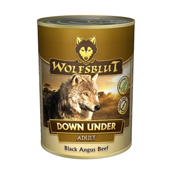 Wolfsblut Down Under Adult Hundefutterdose mit einem Wolf auf dem Etikett, mit Text, der "Black Angus Beef" und "Glutenfrei" angibt.