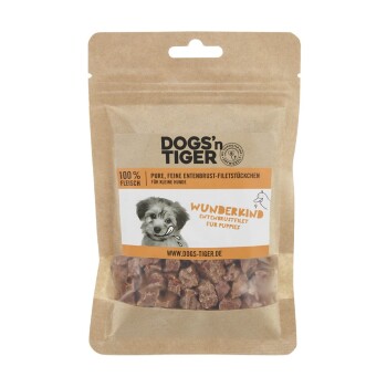 Verpackung für Hundeleckerlis mit 'WUNDERKIND' Entenbrustfilet-Bissen für Welpen, gekennzeichnet mit 100% Fleisch, geeignet für kleine Hunde.