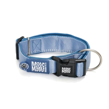 Hellblaues Hundehalsband mit schwarzer Kunststoffschnalle, Metall-D-Ring und Etikett "Max & Molly".
