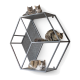 Zwei Katzen spielen auf einem modernen, geometrischen Katzenbaum mit einem dunklen Rahmen und Filzoberflächen; eine Katze liegt auf einem Regal, während die andere klettert.