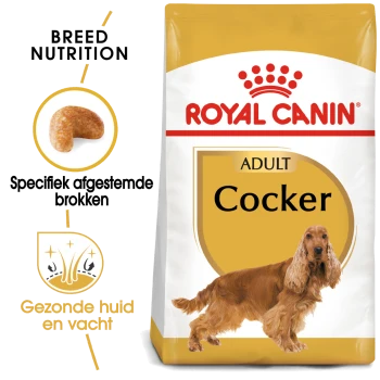Royal Canin Adult Cocker hondenvoer zak met een Cocker Spaniel, benadrukt ras-specifieke voeding voor een gezonde huid en vacht.
