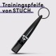 Schwarze Hundetrainingpfeife mit einem runden Schlüsselring, mit einem Hundelogo und dem Text "Trainingspfeife von STUCH."