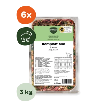 BARFER'S complete 'Komplett-Mix Lamm' Tierfutter-Schale (rohes Lamm) mit orangefarbenem "6x"-Abzeichen, Schaf-Symbol und "3 kg"-Kennzeichnung
