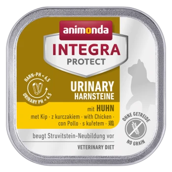 Animonda Integra Protect Urinary Hundefutter, mit Huhn, mit Text, der angibt, dass es die Bildung von Struvitsteinen verhindert, kein Getreide.