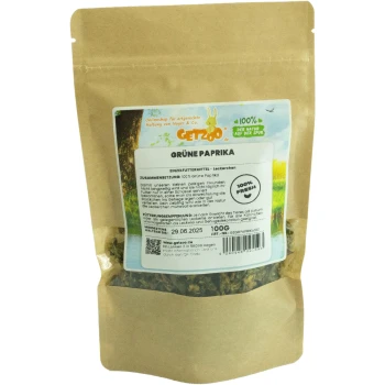 Grüne Paprika 100g Braune Papiertüte mit getrockneten grünen Paprika-Leckerlis für kleine Haustiere, beschriftet mit "GETZOO 100% FRISCH," mit Nährwertangaben und Haltbarkeitsdatum.