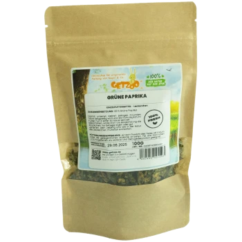 Braune Papiertüte mit getrockneten grünen Paprika-Leckerlis für kleine Haustiere, beschriftet mit "GETZOO 100% FRISCH," mit Nährwertangaben und Haltbarkeitsdatum.