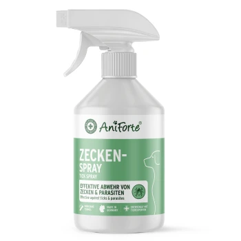 Eine grün-weiße Sprühflasche mit der Aufschrift "AniForte Zecken-Spray" zur Vorbeugung von Zecken und Parasiten.